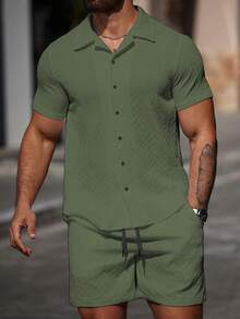 Manfinity CasualCool Men's Casual Button-Down Short Sleeve Shirt Set - Army Green - View 4