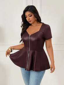 SHEIN Clasi CURVE 女款大尺碼新款純色方領挖空 A 字版型彈性 PU 上衣，修身遮臀 - 棕色 - 查看 7