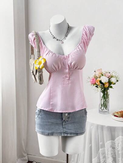 Sweetra Plus Size Summer Pink Waist Cinched Casual Commute Short Sleeve Shirt