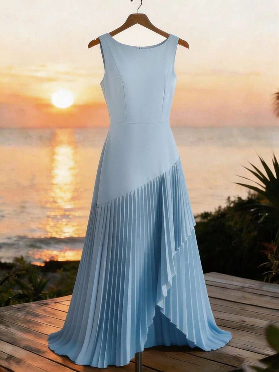 GlowEve 优雅都市时尚新款女士浅蓝色圆领无袖褶皱A字连衣裙，适合日常穿着、婚礼、晚宴、通勤、毕业派对、节日、假期、约会、聚会、万圣节、圣诞节、新年、感恩节、婚礼等场合。 - 藍色 - 查看 1