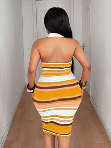 Maweii Đầm len ôm sát cổ yếm hở lưng dành cho nữ cỡ lớn - Vàng nhạt - Xem 2