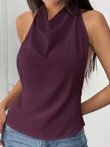 Flirla Women's Solid Color Halter Backless Sexy Sleeveless Tank Top - Maroon - View 3