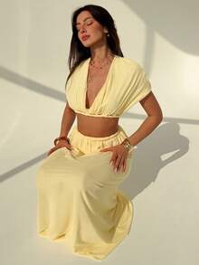 Aloruh 春夏新款优雅浪漫约会情人节婚礼派对度假两件套：深V领扭结露背上衣和低腰扭结半身裙，黄色 - 黃色 - 查看 6