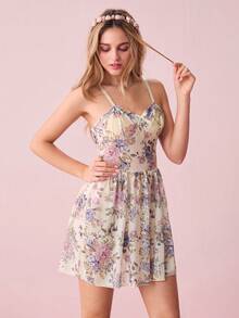 Snug Zone 女士花卉印花蝴蝶结细节吊带睡裙，夏季蝴蝶结 - 米色 - 查看 8