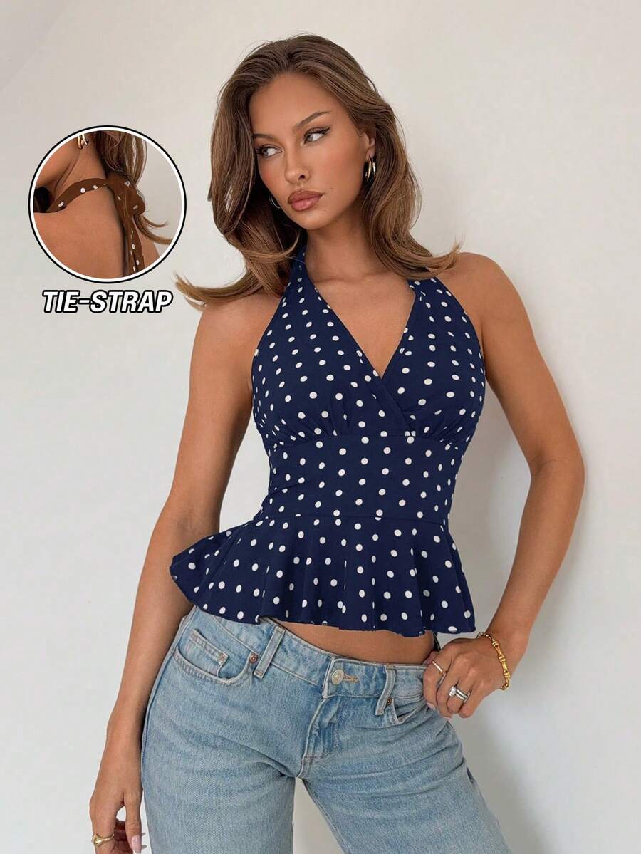 RiviMae Women's V-Neck Halter Ruffle Polka Dot Sleeveless Top, Suitable For Spring Music Festivals - Royal Blue - View 1