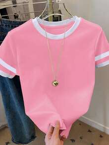 Resyla Plus Size Colorblock Minimalist Round Neck Short Sleeve T-Shirt - Pink - View 1