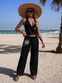 Swim Vcay Spring/Summer Coconut Tree Print Beachwear Set, Black Halter Top Paired With Wide Leg Pants, Casual Vacation Coverup - Black - View 1