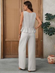 EMERY ROSE 女士度假条纹荷叶边吊带背心和阔腿裤休闲两件套 - 卡其色 - 查看 2