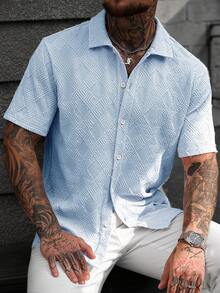 Manfinity CasualCool 男士休闲纹理纽扣短袖衬衫 - 藍色 - 查看 5