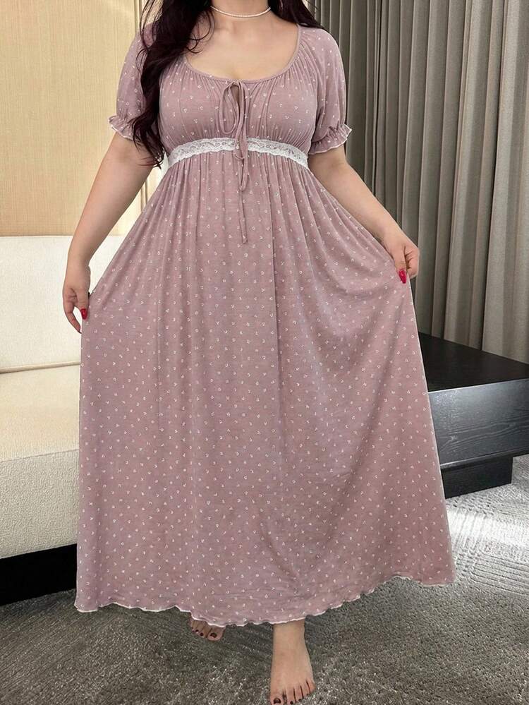 Dazy Plus Elegant Ditsy Floral Scoop Neck Tie-Up Contrast Lace Cinched Waist Long Nightgown With Short Sleeves Summer