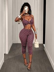 BamGleam 女士波点褶皱吊带背心和七分裤两件套休闲套装 女士波点露背上衣套装裤子套装 女士两件套 女士两件套休闲套装 女士夏季两件套 - 棕色 - 查看 4