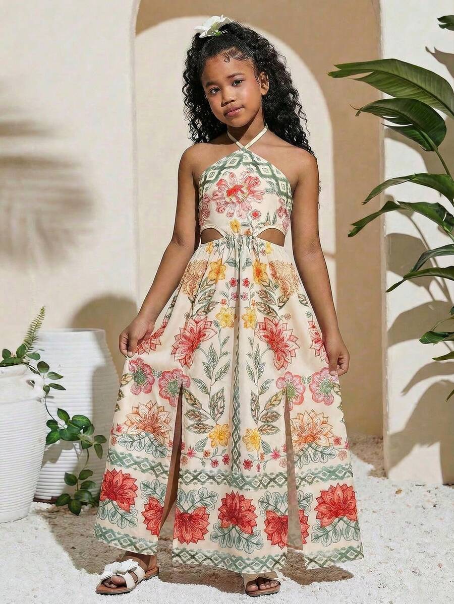 SHEIN Tween Girl Floral Print Backless Cutout Waist Maxi Beach Vacation Dress - Multicolor - View 1