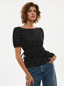 Poéselle Áo nữ tay ngắn cổ tròn chấm bi, thắt eo bên hông, kiểu dáng thường ngày, thích hợp cho mùa hè. - màu đen - Xem 4