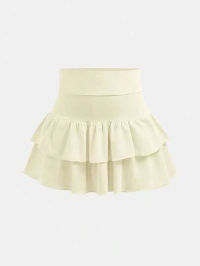 SHEIN Girlism Tween Girls Knitted Solid Color Cute Ruffle Layered Built-In Shorts Mini Skirt, Y2K Fashion, Back To School
