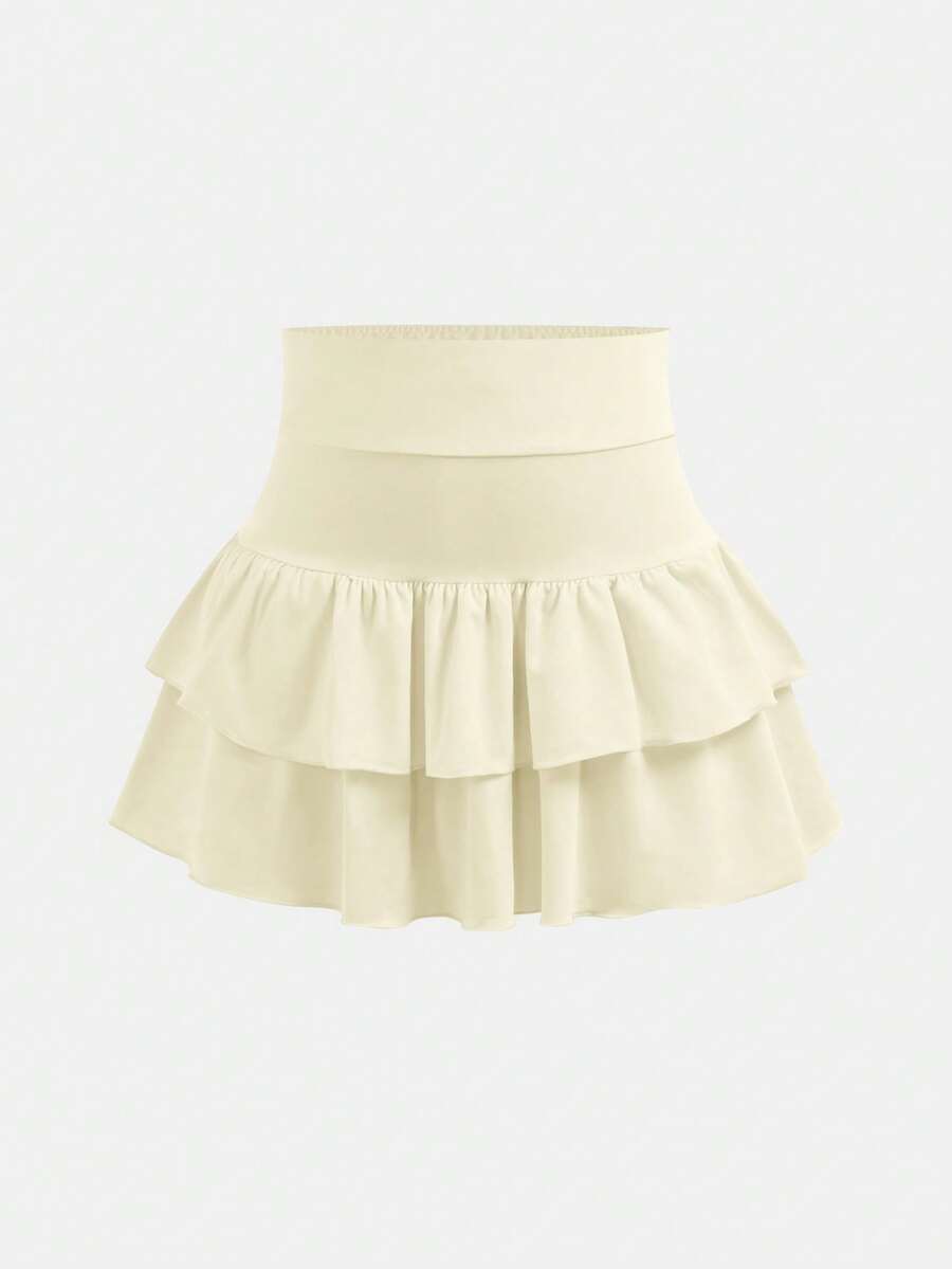 SHEIN Girlism Tween Girls Knitted Solid Color Cute Ruffle Layered Built-In Shorts Mini Skirt, Y2K Fashion, Back To School,Kids - Beige - View 1