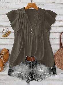 Linhara Plus Size Women's Solid Color V-Neck Casual Versatile Daily Wear Shirt - Grey - View 1