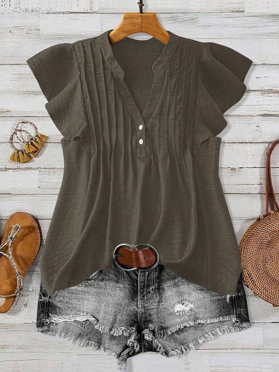 Linhara Plus Size Women's Solid Color V-Neck Casual Versatile Daily Wear Shirt - Grey - View 1