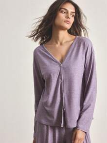 Ocili Minimalist Comfortable Collarless Soft Pajama Set For Women - Mauve Purple - View 2