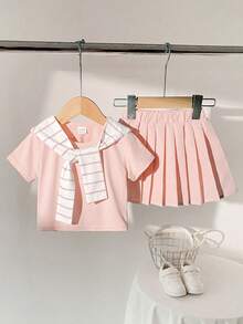 SHEIN Playful Pals Bộ 3 món cho bé gái mùa hè gồm áo thun, khăn choàng kẻ sọc đa năng và chân váy xếp ly đồng bộ, trang phục thường ngày thoải mái và thời trang theo phong cách đường phố, bộ đồ hè cho bé gái, bộ chân váy cho bé gái, bộ váy đồng phục học sinh cho bé gái, quần áo màu hồng cho bé gái, trang phục mùa hè cho bé gái, bộ đồ phối hợp mùa hè cho bé gái, bộ đồ cho bé gái, quần áo bé gái, trang phục dễ thương cho bé gái, thời trang mùa hè - Hồng - Xem 4