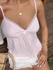 Sunnyshic Women's Pink Textured Fabric Camisole, Sweet & Sexy, Slim Fit, White Lace Trim, Casual, Suitable For Beach Vacation, Spaghetti Strap Tank Top, Ladies Blouse - White - View 5