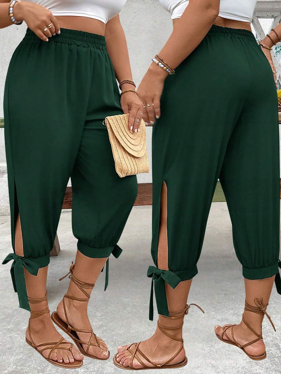 EMERY ROSE Plus Size High Waist Drawstring 7/8 Pants - Dark Green - View 1