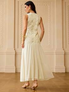 ZEYLAH Đầm chiffon không tay dáng ôm, thêu ren 3D họa tiết hoa mới, dành cho nữ, bộ sưu tập Xuân/Hè. - Màu be - Xem 3