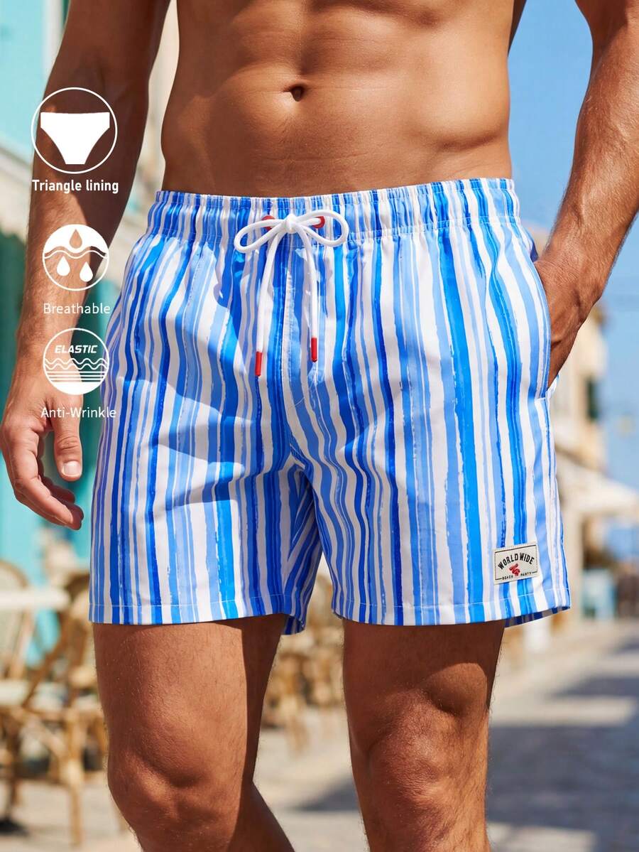 Horizaway 男士条纹印花贴袋抽绳腰休闲沙滩短裤 - 藍白色 - 查看 1