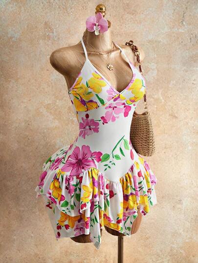 Mistrie Summer New Floral V-Neck Spaghetti Strap Waist Asymmetrical Ruffle Hem Women Vacation Dress