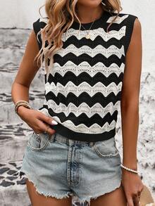 SHEIN LUNE 女士时尚休闲撞色条纹毛衣背心 - 黑與白 - 查看 1