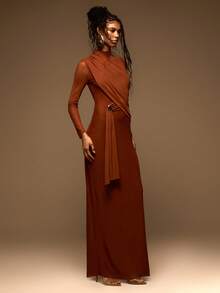 MUSERA Slinky High Neck Trim Drape Detail Fitted Long Sleeve Maxi Dress Spring Summer Elegant Vacation Holiday Ibiza Club Occasion Sexy Evening Wedding Guest Sunset Kiss - Orange - View 3