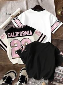 Attitoon 3件套休闲简约圆领短袖字母数字印花宽松T恤，适合夏季、世界杯、户外活动、街头风、时尚、Y2K风格、海滩度假等场合。 - 彩色 - 查看 2