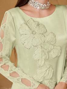 SHEIN Najma 优雅花卉装饰拼接薄纱袖女士长袖奢华连衣裙 - 薄荷綠 - 查看 3