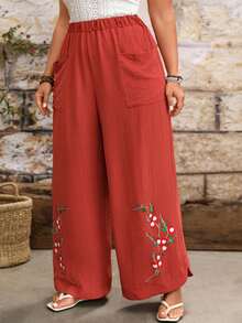 EMERY ROSE Plus Size Women's Woven Regular Spring/Summer Casual Comfortable Minimalist Embroidered Hem Side Button Rust Brown Wide Leg Pants - Rust Brown - View 5