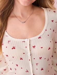 Bonmuse Women's Half-Zip Bow & Heart Print Cute Ribbed Knit Jumpsuit, Casual & Comfortable Long Sleeve - Multicolor - View 6