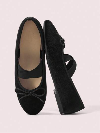 CUCCOO DOLLMOD Women's Black Velvet Cute Round Toe Bow Decor Criss-Cross Elastic Band Comfortable Slip-On Ballet Shoes For Vacation