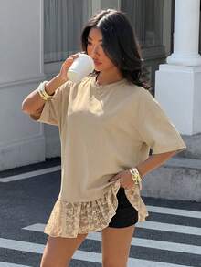 Muchica Women's Fashion Light Beige Summer Elegant Brunch Apricot Color-Blocking Lace Loose Short Sleeve T-Shirt,Y2K Fashion Lace Trim Blouse,Summer Top - Apricot - View 5