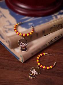 HARRY POTTER X SHEIN 1 Pair Zinc Alloy Cartoon Animal Print Pendant Beaded Hoop Earrings, Minimalist & Elegant, Suitable For Party, Concert, Festival - Gold - View 5