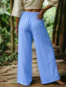 Franclia 女士弹力腰带优雅直筒裤，浪漫假日户外经典休闲海滩度假时尚甜美情人节约会派对海滩魅力都市时尚日常穿着百搭优雅商务办公通勤抽绳腰带女裤阔腿长裤 - 藍色 - 查看 2