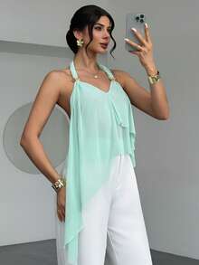 RiviMae Sexy Women's Semi-Sheer Spandex Knit Top, Gold Metal Ring, Asymmetric Ruffle Hem, Fashionable Sexy Vacation Blouse - Green - View 5