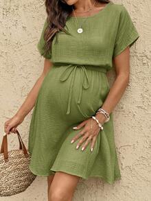 SHEIN Boat Neck Solid Color Waist Bow Decor Maternity Dress - Green - View 3
