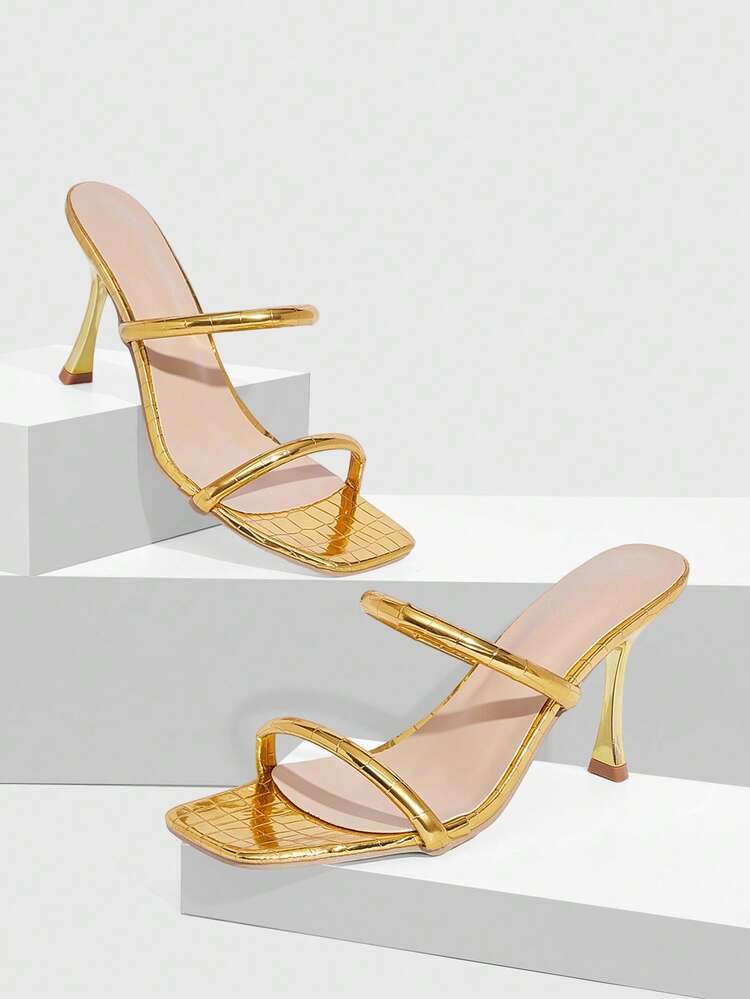CUCCOO SZL Gold High Heel Sandals, Luxurious And Eye-Catching Style, With Square Toe, Multi-Strap And Plaid Texture, Suitable For Fashion-Loving Women, Applicable For Party, Fashion Photoshoot And Other Occasions Prom Heels