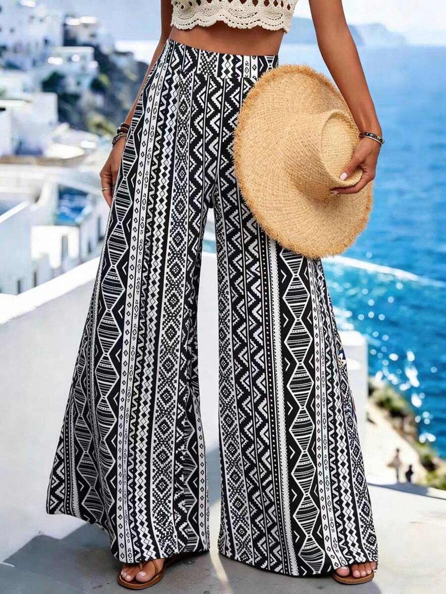SHEIN Women's Black & White Pattern Print Wide Leg Pants, Relaxed Bohemian Style Suitable For Vacation, Casual, Beach, Street, Daily Commute, Sexy, Romantic, Business, Dates, Festivals - Multicolor - View 1