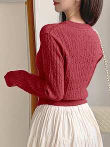 DAZY 女士纯色前扣粗针织开衫，休闲日常穿着，秋冬 - 酒紅色 - 查看 3