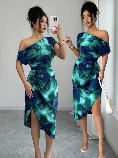 Elenzga New Elegant Asymmetric Neckline Waist Pleated Floral Woven Dress For Women, Summer Holiday Vacation Style Sundress, Suitable For Dates, Birthday Parties, Weddings, Back To School Events, New Women's Fashion