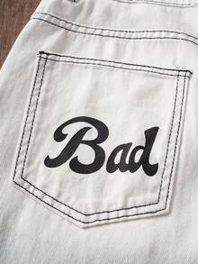 Manfinity Joysei Jeans ampi a gamba larga con stampa vintage di note musicali, faccina sorridente e scritta "Bad" in stile graffiti, pantaloni di jeans casual dallo stile straight leg e street style - Bianco - Visualizzare 5