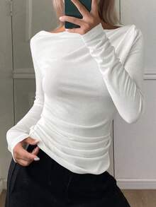 DAZY Women's Elegant City Casual Slim Fit Off Shoulder Long Sleeve T-Shirt - White - View 3