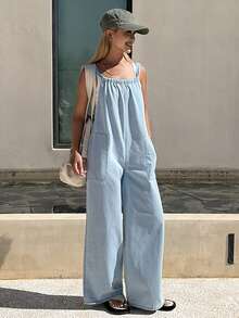 DAZY Quần yếm và áo liền quần denim buộc dây kiểu dáng nghỉ dưỡng dành cho nữ. - Rửa nhẹ - Xem 1