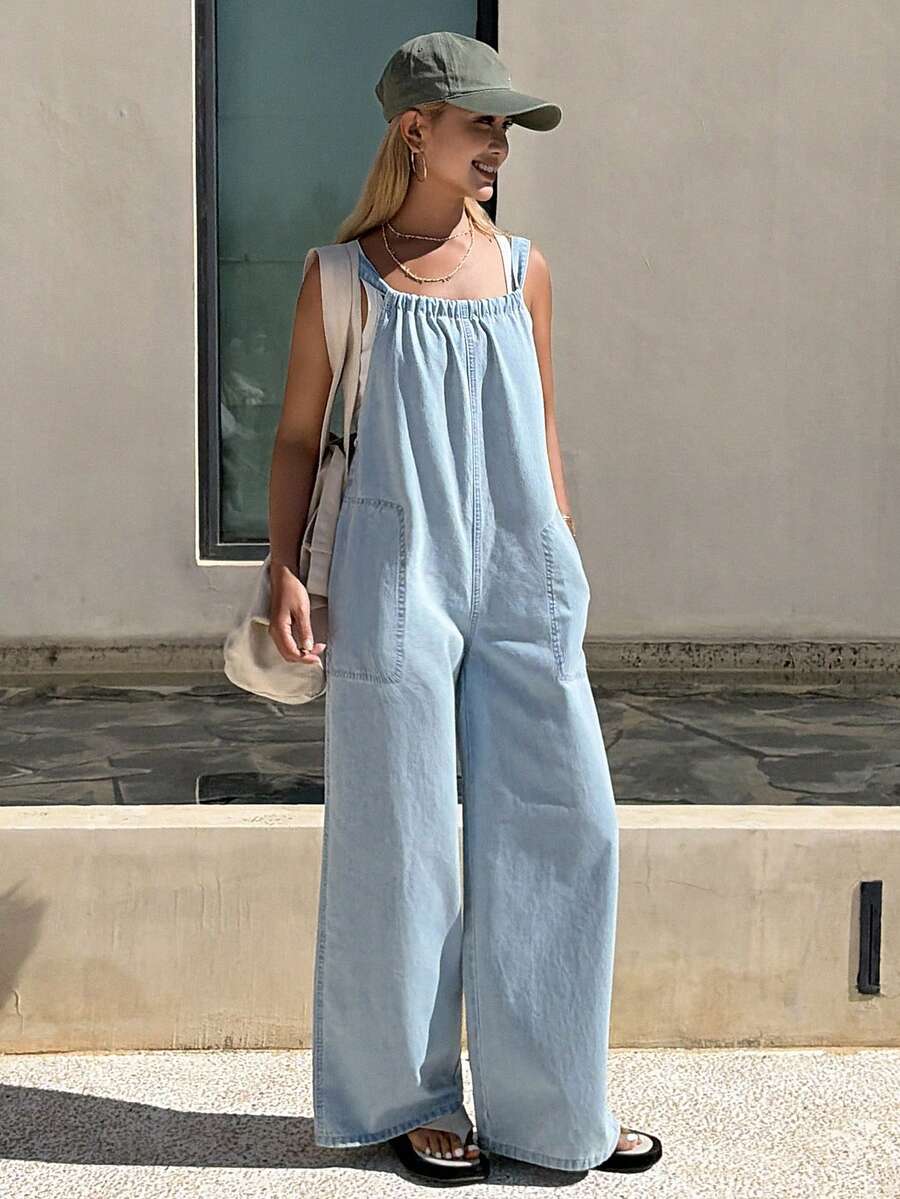 DAZY Quần yếm và áo liền quần denim buộc dây kiểu dáng nghỉ dưỡng dành cho nữ. - Rửa nhẹ - Xem 1