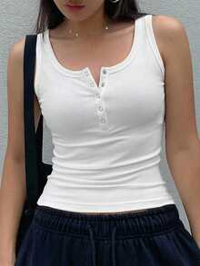 Dazy Star Áo tank top nữ màu trơn, cài cúc nửa thân, kiểu dáng thường ngày, chất liệu gân sọc. - trắng - Xem 6