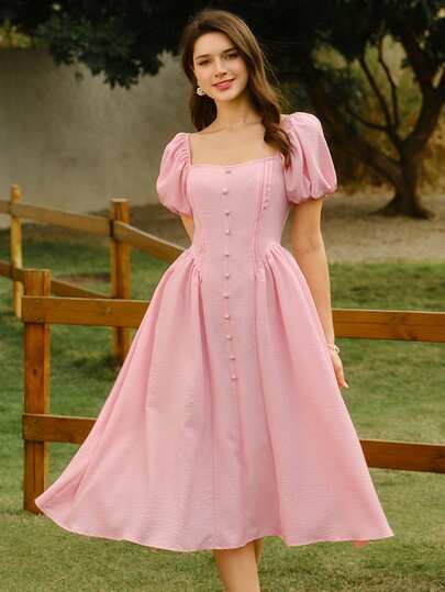 Vintamour Vestido de mujer vintage, elegante y clásico. Vestido ajustado a rayas para primavera/verano, vestido con botones, vestido rosa acampanado, vestido de manga corta